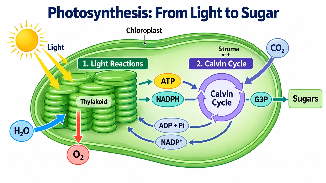 Photosynthesis diagram showing light reactions and the Calvin cycle
