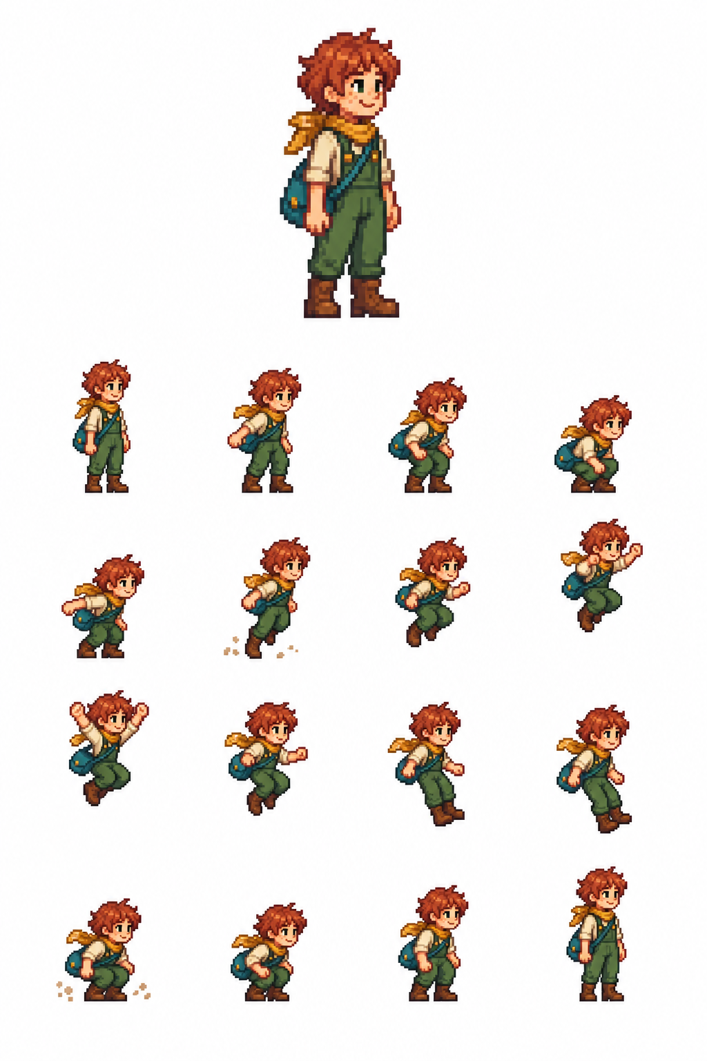 Pixel-art farm adventurer jump animation sheet