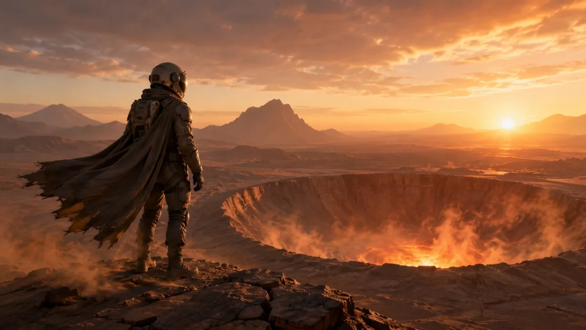 GPT Image 2 cinematic image-to-video first frame with astronaut silhouette at a glowing desert crater, wide-shot depth layers, and warm horizon light