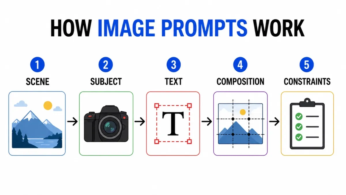 GPT Image 2 infographic explaining how image prompts work with Scene, Subject, Text, Composition, and Constraints in a left-to-right layout