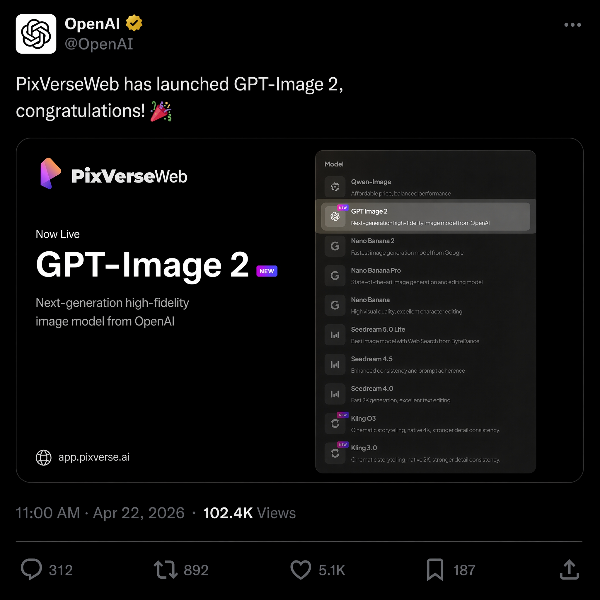 GPT Image 2 is available on PixVerse