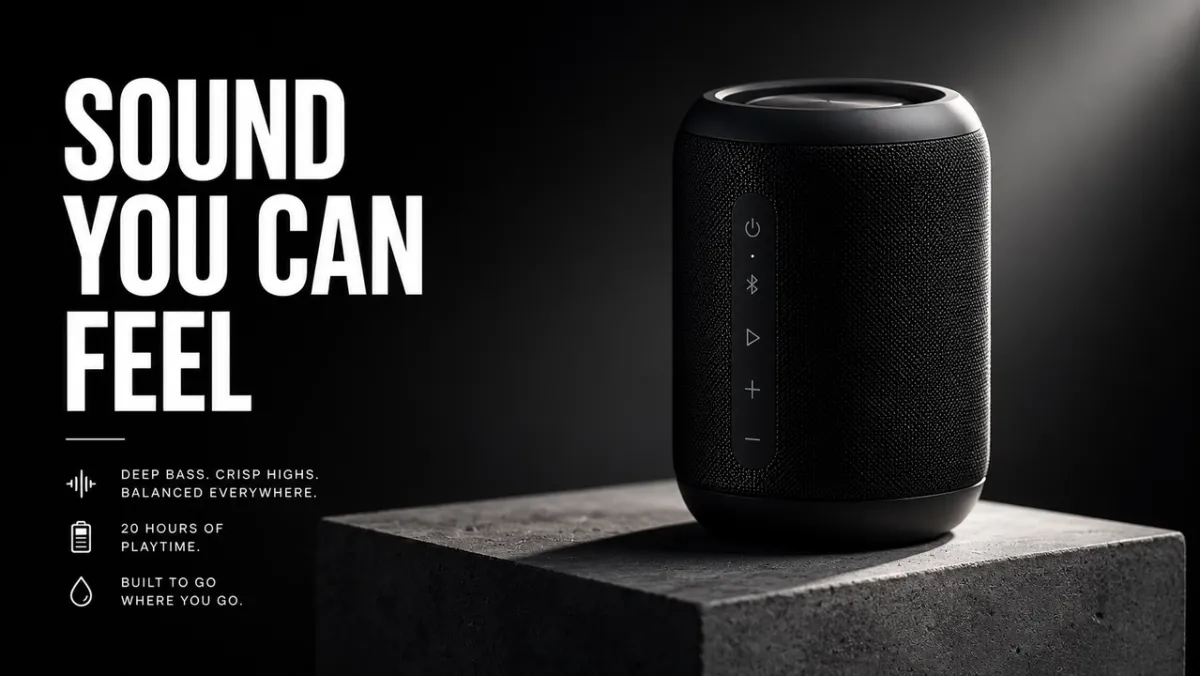 GPT Image 2 product ad layout with matte black wireless speaker on the right, SOUND YOU CAN FEEL headline on the left, and 16:9 campaign negative space