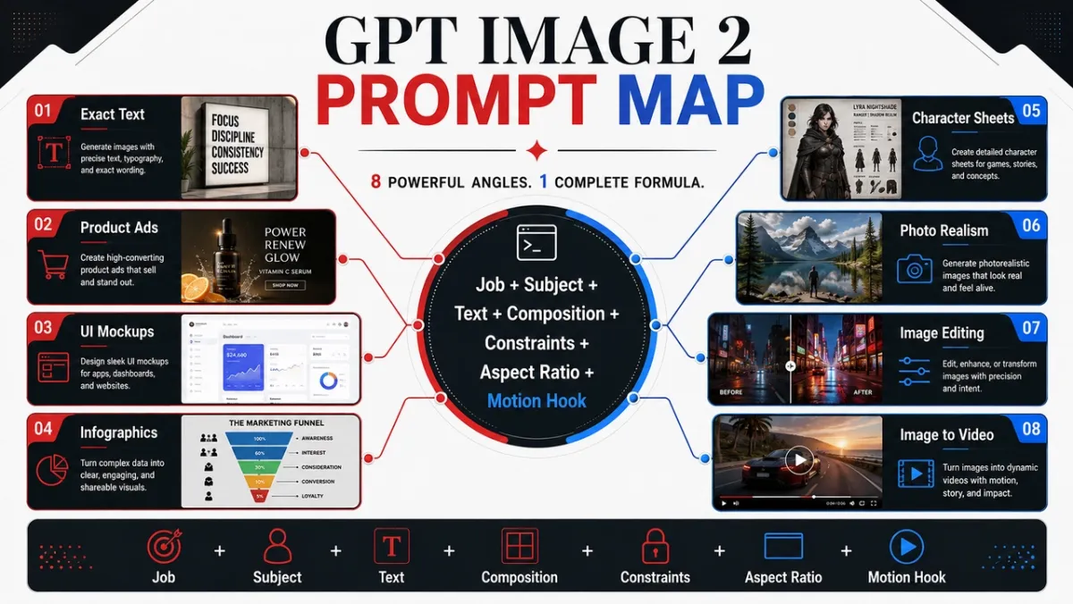 GPT Image 2 prompt map with 8 creative angles, exact-text workflows, and the Job plus Subject plus Text plus Composition plus Constraints prompt formula