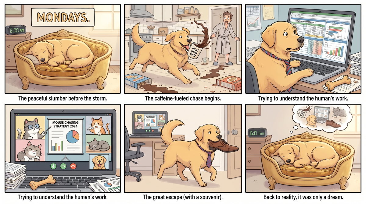 Resultado do Nano Banana 2 para uma tira de quadrinhos de segunda-feira com golden retriever em seis painéis.