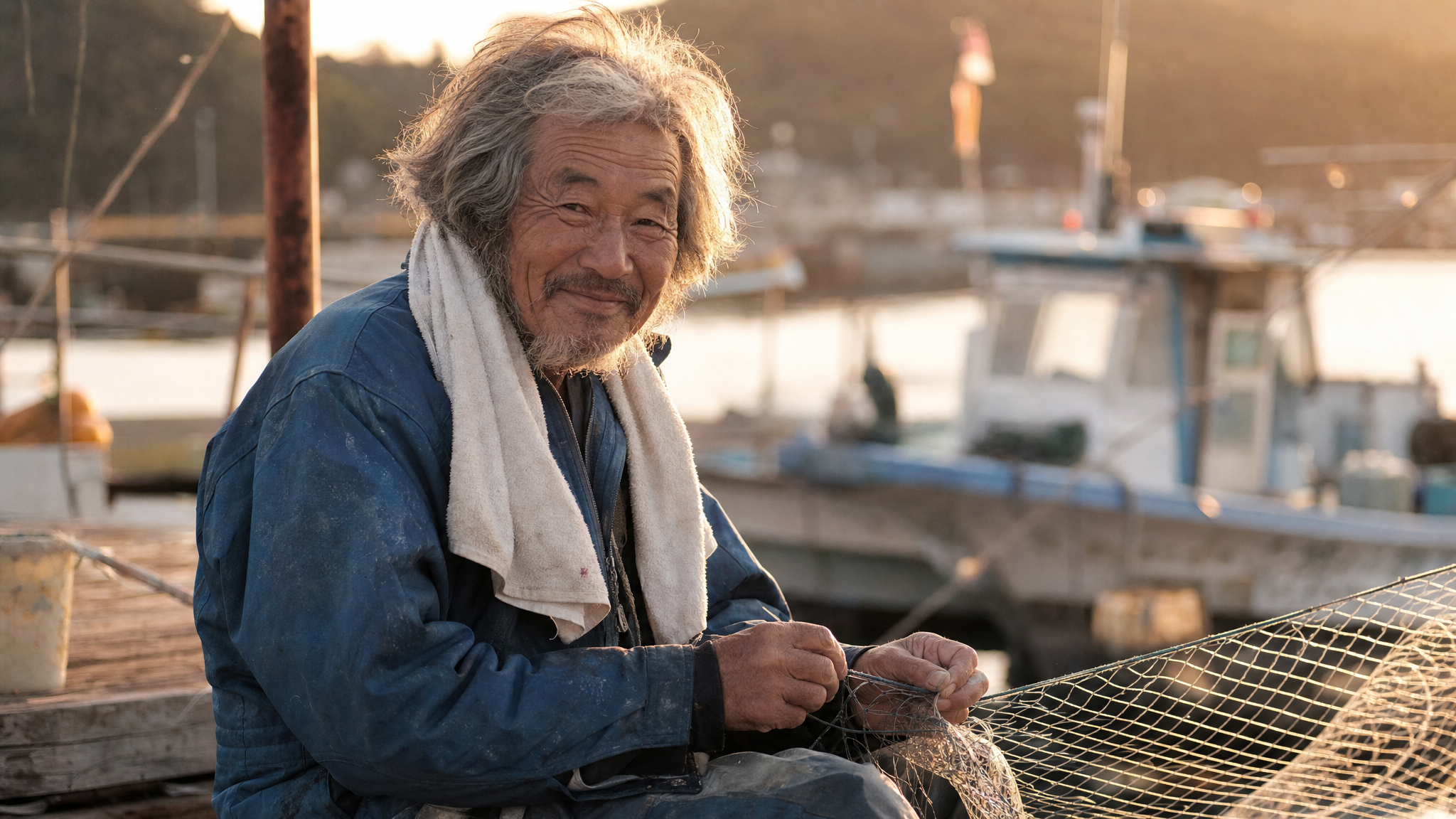 Resultado do GPT Image 2 para um retrato de pescador japonês na hora dourada.