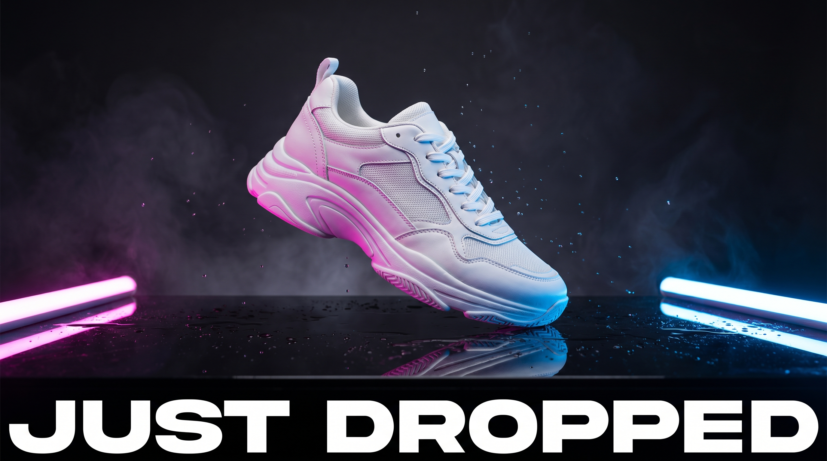 GPT Image 2: tênis atlético branco volumoso com luz de contorno rosa e ciano, fundo escuro com fumaça, reflexo brilhante, tipografia "JUST DROPPED" larga.