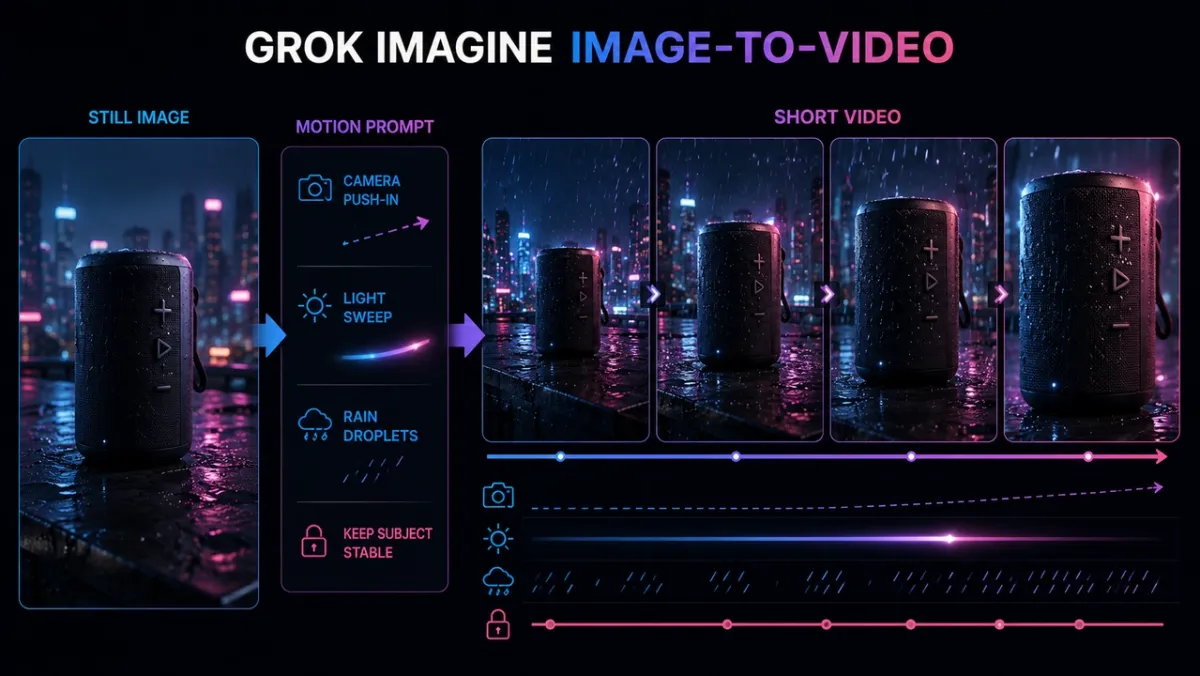Grok Imagine 画像から動画ワークフロー、静止画入力が動き、カメラ移動、雰囲気を持つ短尺AI動画へ変わる様子