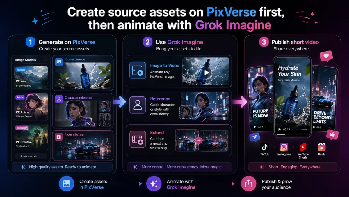 PixVerseからGrok Imagineへの素材パイプライン図：ソース素材、Image-to-Video、参照ガイド付きクリップ、Extend、TikTok・SNS広告向け縦型ショート動画