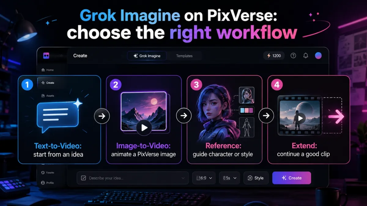 PixVerse上のGrok Imagineワークフロー図：Text-to-Video、Image-to-Video、Referenceモード、ExtendによるAI動画、TikTok風縦型ショートと短尺制作