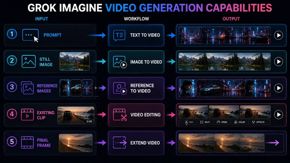 Grok Imagine のテキストから動画、画像から動画、参照画像から動画、動画編集、動画延長のワークフローマップ