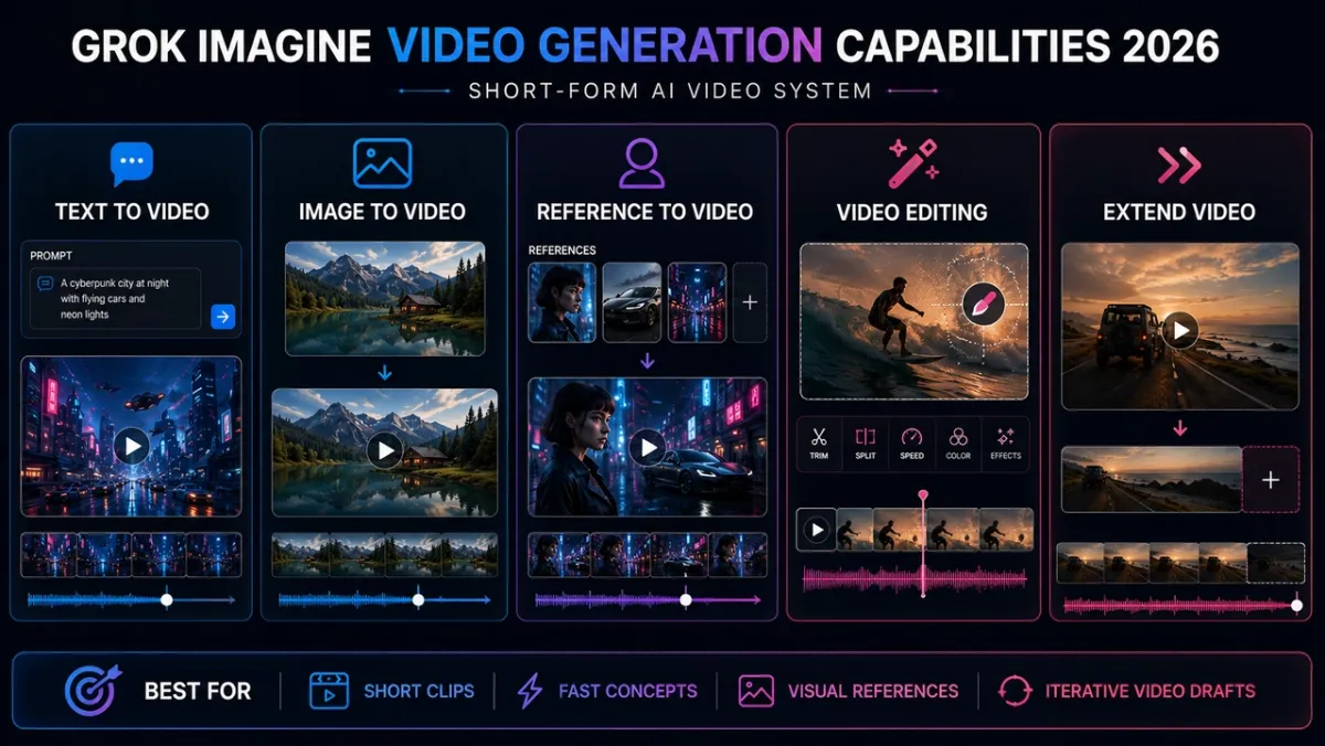 Grok Imagine 動画生成機能 2026 の要点ボード、テキストから動画、画像から動画、動画編集、参照画像から動画、動画延長ワークフローを要約