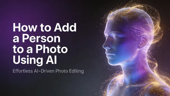 Person mit KI in ein Foto einfügen – Cover mit leuchtendem lila KI-Porträt und dem Untertitel Effortless AI-Driven Photo Editing