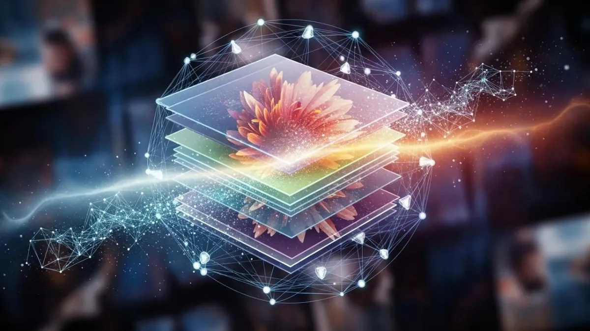 Futuristic AI layering visualization with translucent glass plates, a flower distributed across layers, and a glowing neural network sphere