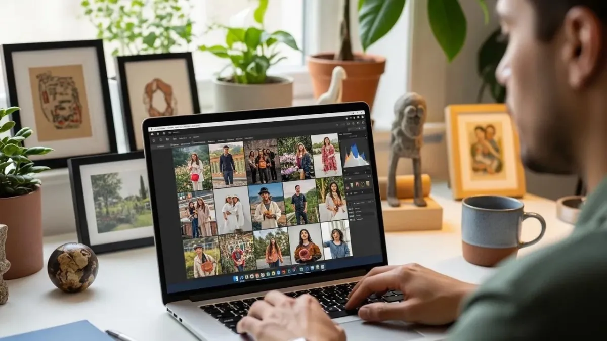 Creator editing portrait photos on a laptop with a photo gallery and color adjustment tools open on screen