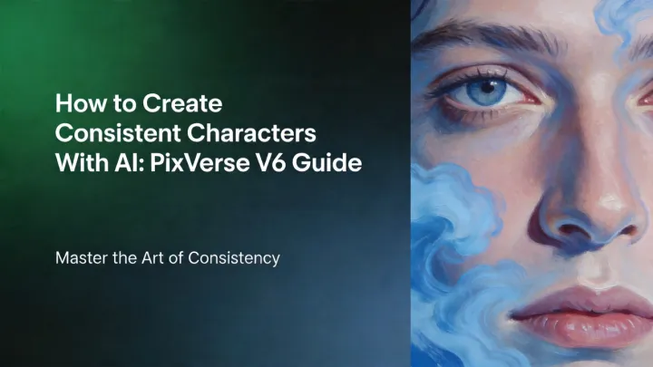 Cover zum PixVerse V6 Leitfaden für konsistente KI-Charaktere mit Titel und stilisiertem Porträt