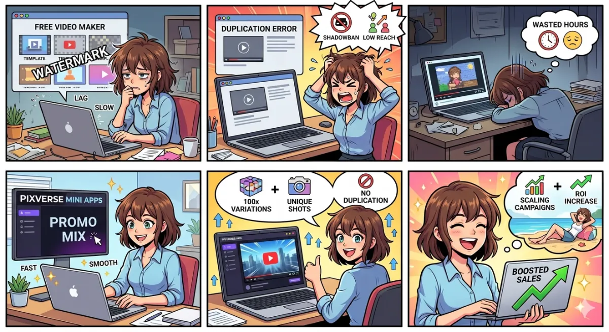 Is a Free Promo Video Maker Enough? Understanding ROI and AI Boundaries — comic panels contrasting free video maker issues with PixVerse Mini Apps Promo Mix outcomes