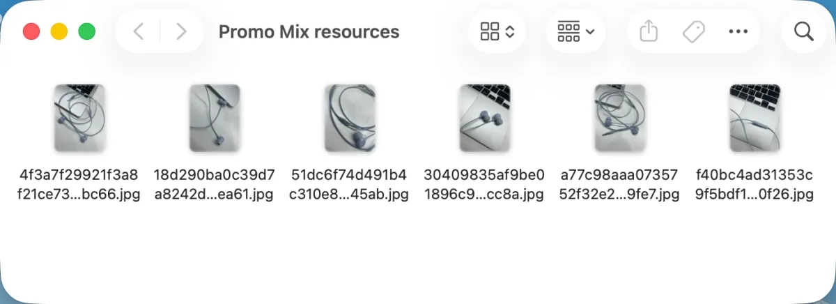 3 Simple Steps to Make a Promo Video with Promo Mix — Step 1: Prepare Your Core Assets — Finder folder titled Promo Mix resources with multiple earphone product photos