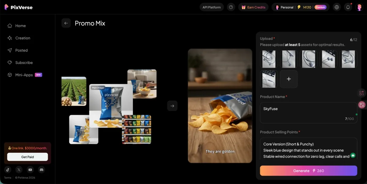 3 Simple Steps to Make a Promo Video with Promo Mix — Step 2: Automate the Generation — Promo Mix screen with uploads, product name and selling points, preview, and Generate