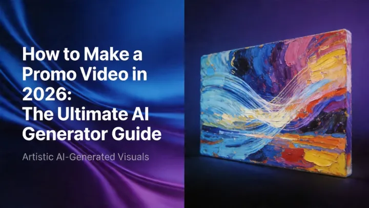 So erstellst du 2026 ein Promo-Video: Der ultimative KI-Generator-Guide — Titelbild (geteiltes Titelpanel und abstrakte Leinwand)