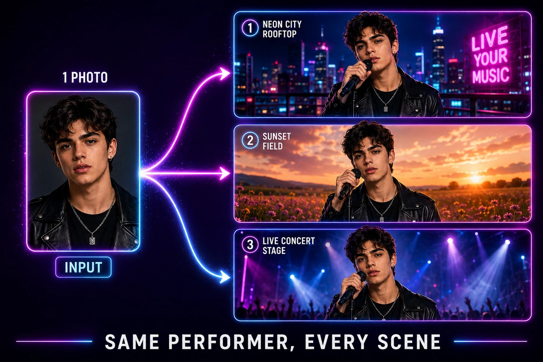 Satu foto watak menghadap depan diubah menjadi penghibur konsisten yang sama merentas babak bumbung bandar neon, padang matahari terbenam, dan pentas konsert langsung