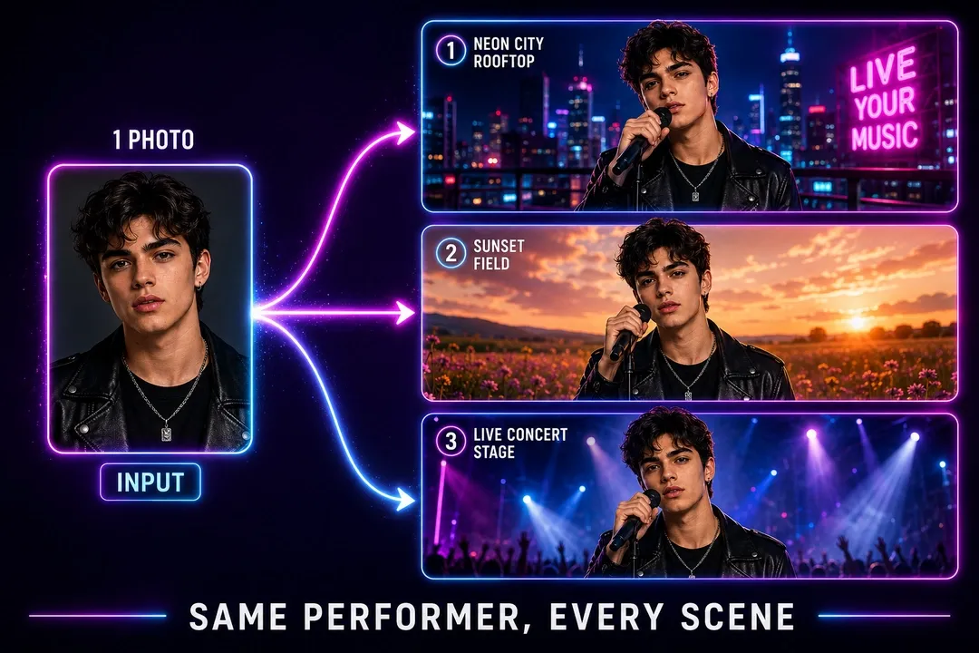 One front-facing character photo turned into the same consistent performer across neon city rooftop, sunset field, and live concert stage scenes