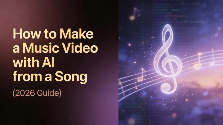 So erstellen Sie ein Musikvideo mit KI aus einem Lied 2026-Guide-Cover mit leuchtendem Violinschlüssel und Notenzeile auf violettem digitalem Hintergrund
