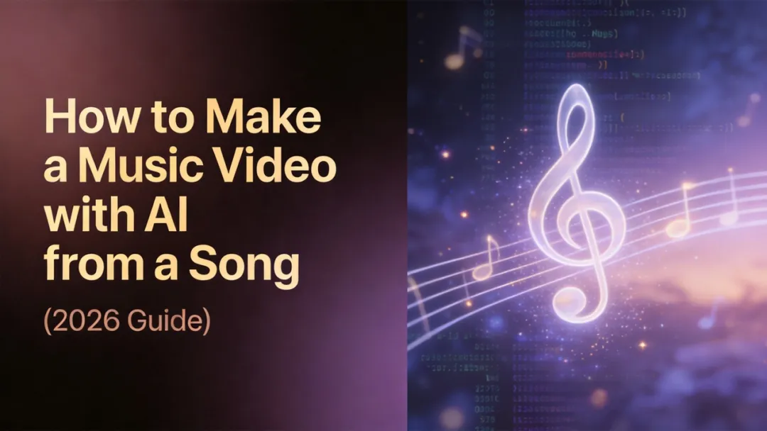 How to Make a Music Video with AI from a Song 2026 Guide cover with glowing treble clef and musical staff on a purple digital background