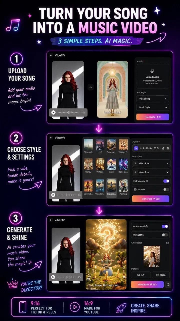 Three-step VibeMV AI diagram: upload your song, choose style and settings, then generate and share your music video in 9:16 or 16:9