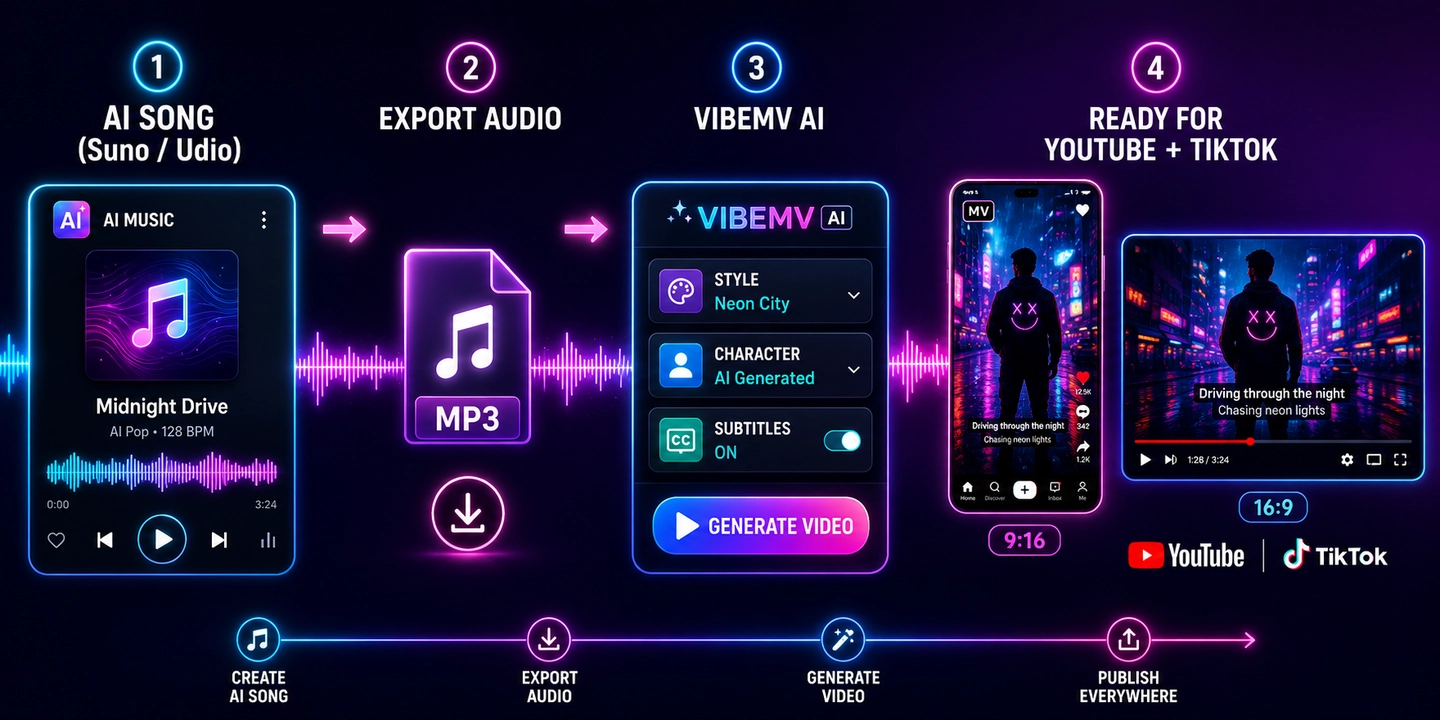 Lagu AI Suno atau Udio dieksport sebagai MP3, diproses dalam VibeMV AI dengan tetapan gaya dan sari kata, kemudian diterbitkan sebagai video muzik 9:16 dan 16:9