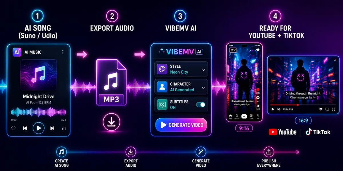 Suno or Udio AI song exported as MP3, processed in VibeMV AI with style and subtitle settings, then published as 9:16 and 16:9 music videos