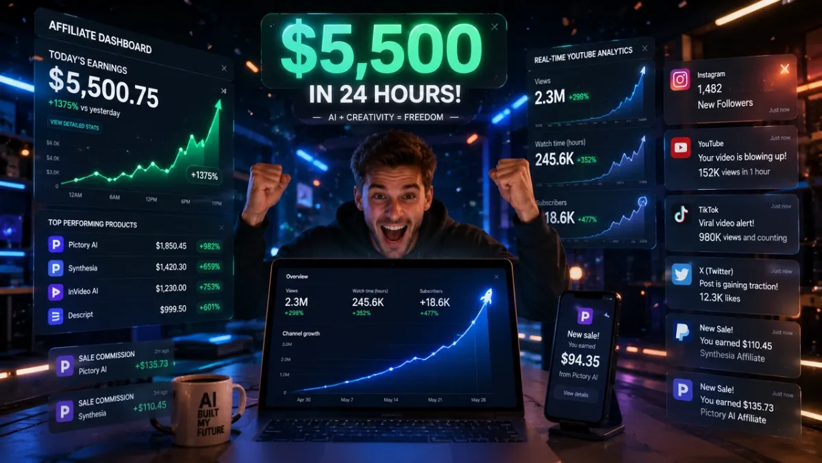 AIアフィリエイトで24時間に$5,500を達成して喜ぶクリエイター。チャンネル成長・収益・人気AIツールのコミッションを示すダッシュボード。