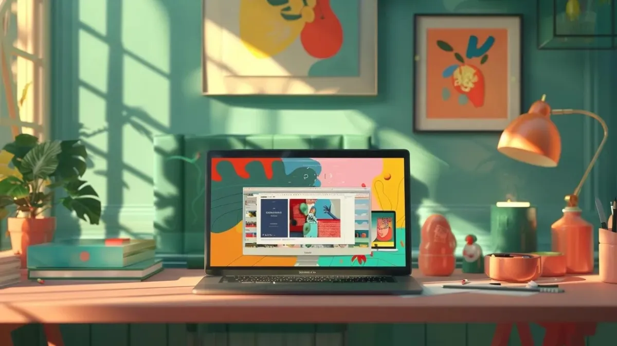 Espaço criativo com laptop mostrando fluxo passo a passo para transformar fotos de produto em anúncios em vídeo usando criador de anúncios com IA e ferramentas de vídeo de produto