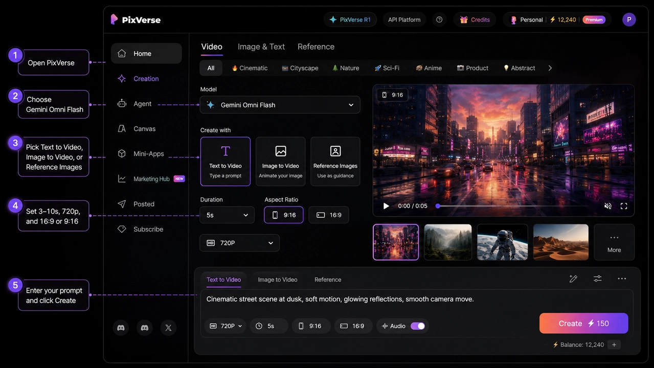 PixVerse Пошаговое руководство по пользовательскому интерфейсу для выбора Gemini Omni Flash, выбора рабочего процесса, настройки продолжительности и соотношения сторон, ввода подсказки и создания видео