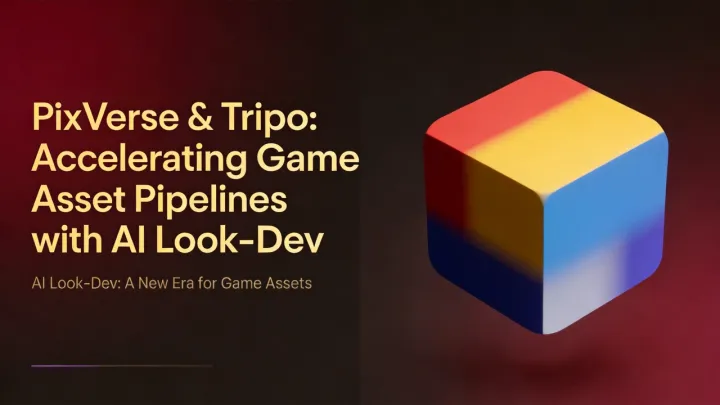 Cover-Layout: PixVerse Tripo Titelkarte, 3D-Würfel-Grafik, KI-Look-Dev-Untertitel