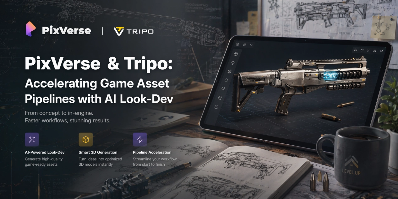 تخطيط بانر بطولي منقسم: شعارا PixVerse وTripo، ونموذج لوحي لبندقية بلازما، وثلاثة أعمدة لأيقونات الميزات