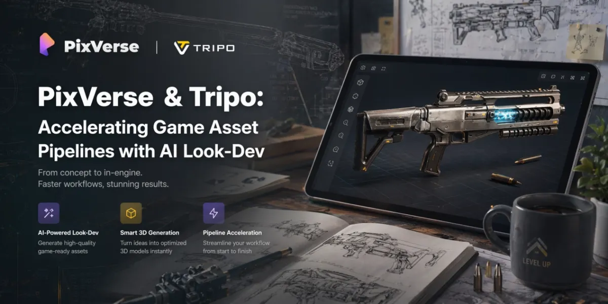 Hero banner split layout: PixVerse Tripo logos, plasma rifle tablet mockup, three feature icon columns
