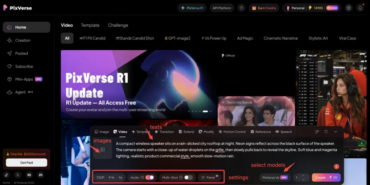 PixVerse creation panel layout: prompt box, settings bar, model selector, Create button annotated