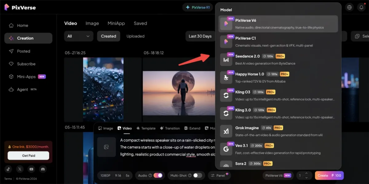 PixVerse UI dropdown layout: model picker sidebar with V6 C1 Seedance Kling Veo Sora list