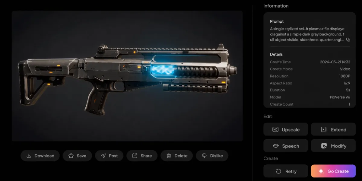 PixVerse result panel layout: plasma rifle preview, metadata sidebar, Download Upscale Extend action row