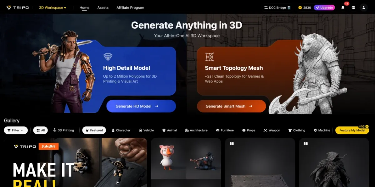 Tripo homepage two-card layout: HD Model and Smart Mesh hero panels above category gallery grid