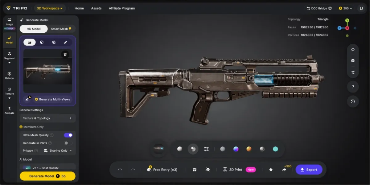 Tripo workspace split layout: left generate panel, center HD rifle viewport, topology stats overlay