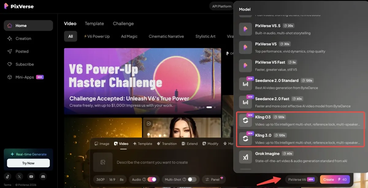 как генерировать видео с Kling O3 или 3.0 в PixVerse