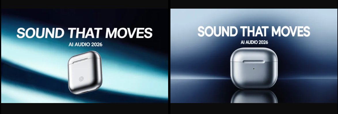 Сплит-скрин Kling O3 и Kling 3.0: техно-постер SOUND THAT MOVES AI AUDIO 2026 с кейсом наушников, слева Kling O3, справа Kling 3.0.