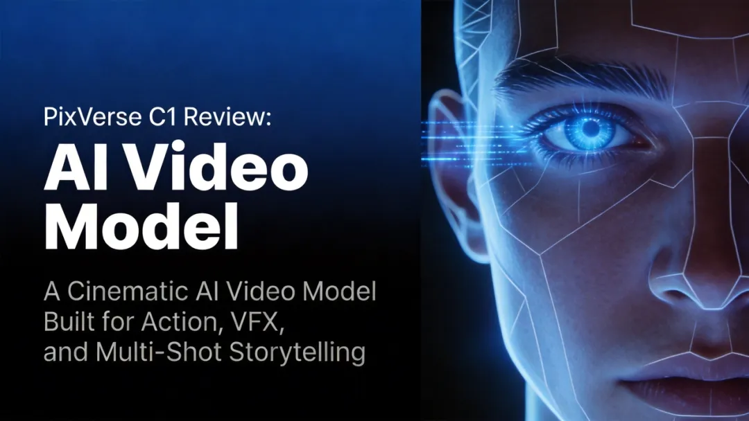 PixVerse C1 Review: AI Video Model — cinematic face with digital wireframe and blue highlights