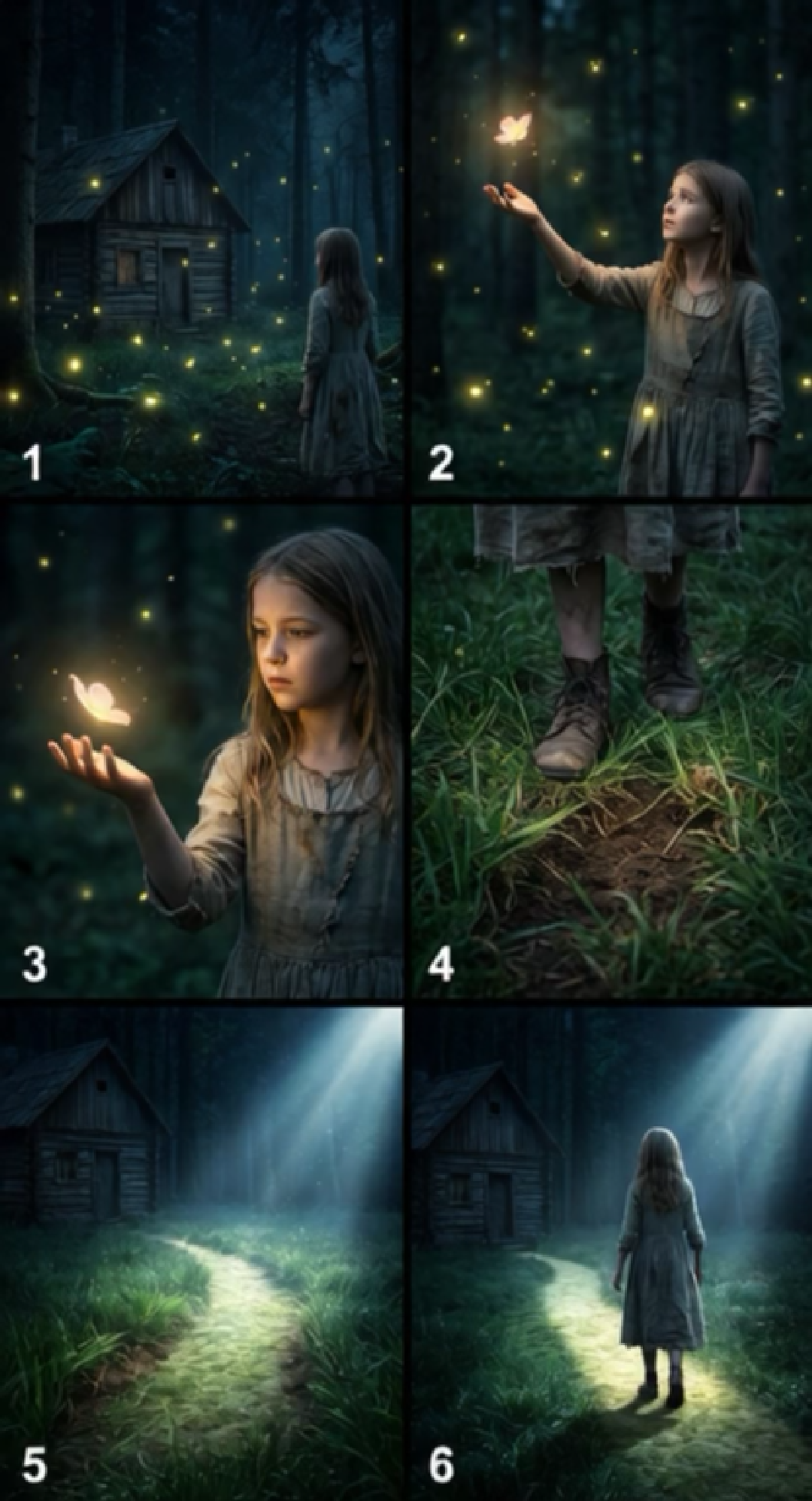 Six-panel storyboard sequence: consistent character and forest setting across shots