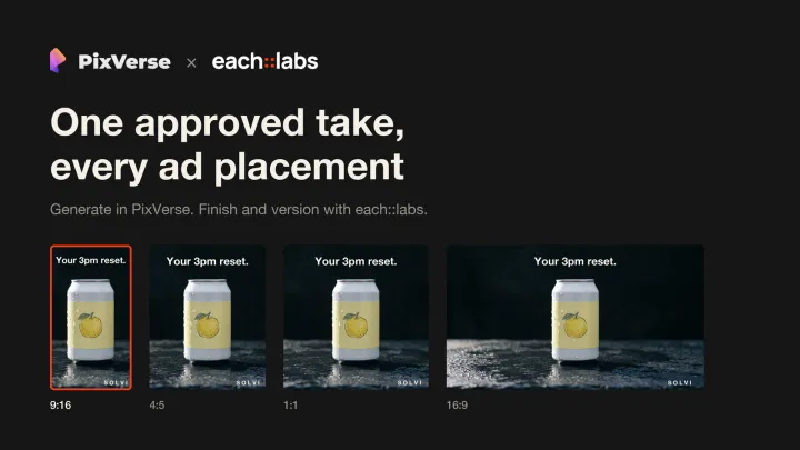 PixVerse and each::labs workflow for turning one approved AI video into multiple ad placements