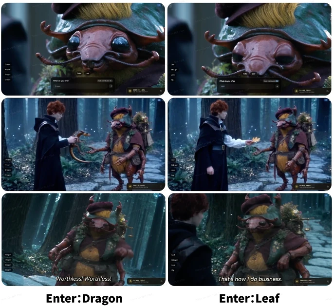 In Zero Mark, the same encounter takes two paths: offering the creature a dragon and offering it a leaf produce different responses, generated live.