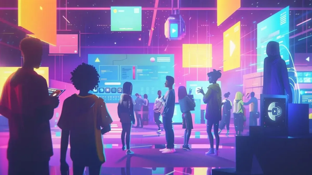 PixVerse vs Runway ecommerce AI video workflow — digital creative teams collaborate in a neon virtual studio with AI video ad interfaces, product video generators, and paid-social creative testing dashboards