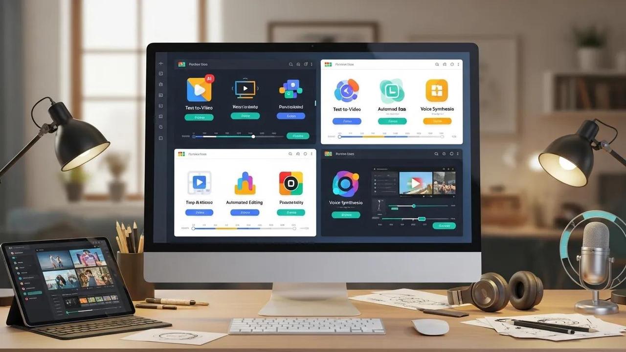 Estação de edição de vídeo com IA em monitor multipainel