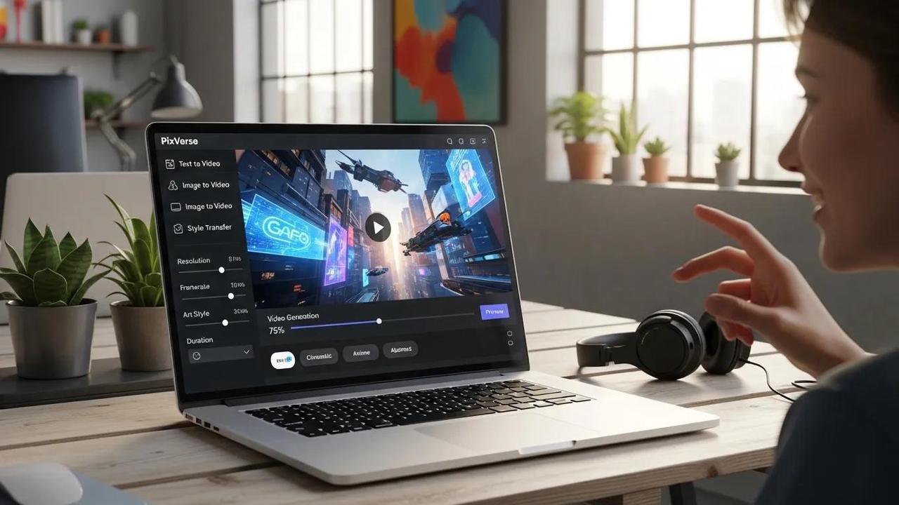 Interface da PixVerse em um notebook, com progresso de geração e presets de estilo